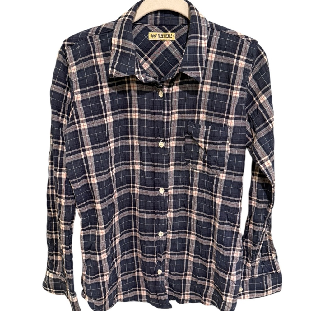 Free People 100% Cotton Blue and White Plaid Button Down Shirt - Size Small
